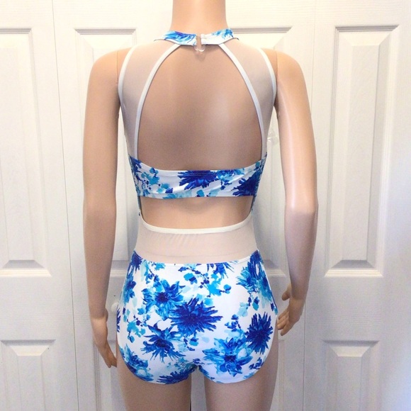 Kandi Kouture Blue Floral Sleeveless Sheer Panel Halter Dance Leotard Size TM - Picture 4 of 10